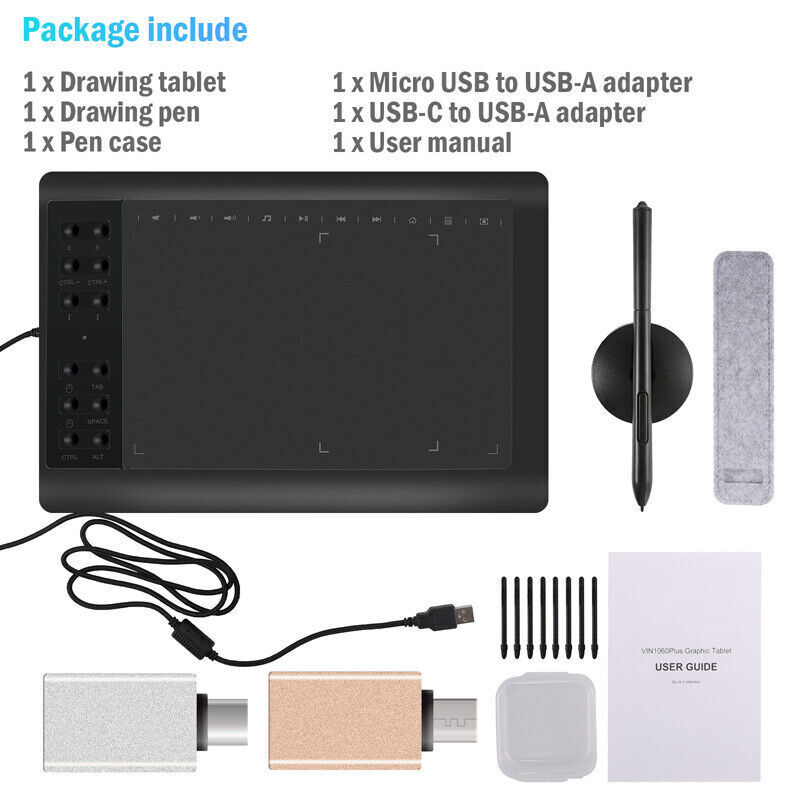 10x6 inch Professional Digital Drawing Tablet with Battery-free Pen