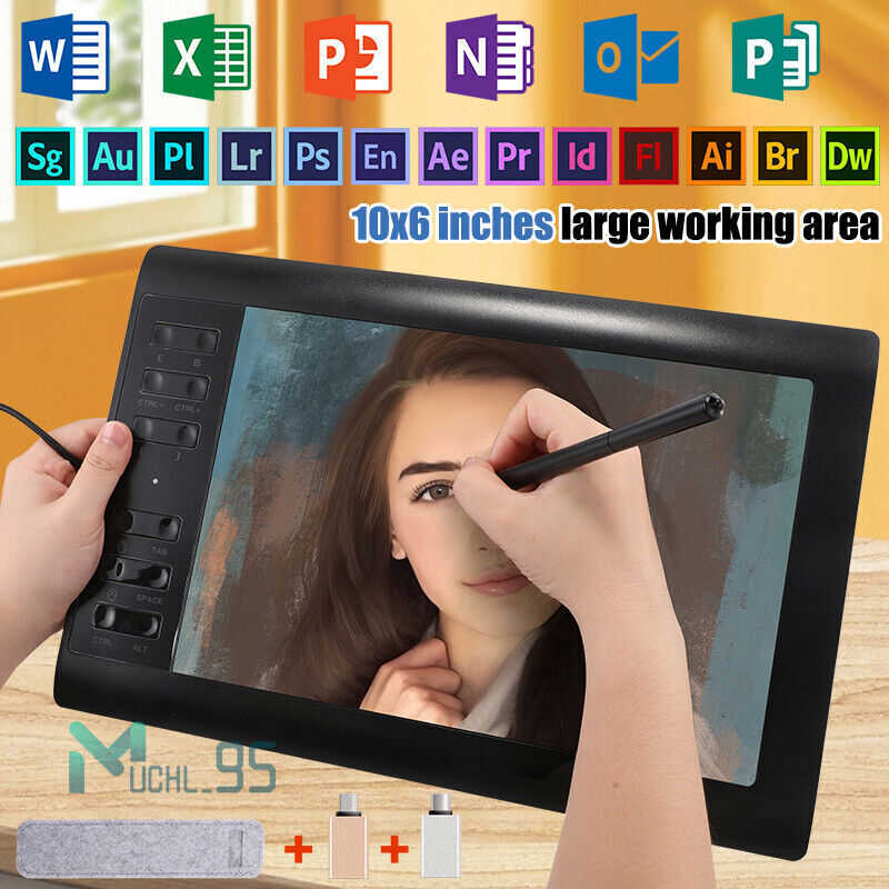 10x6 inch Professional Digital Drawing Tablet with Battery-free Pen