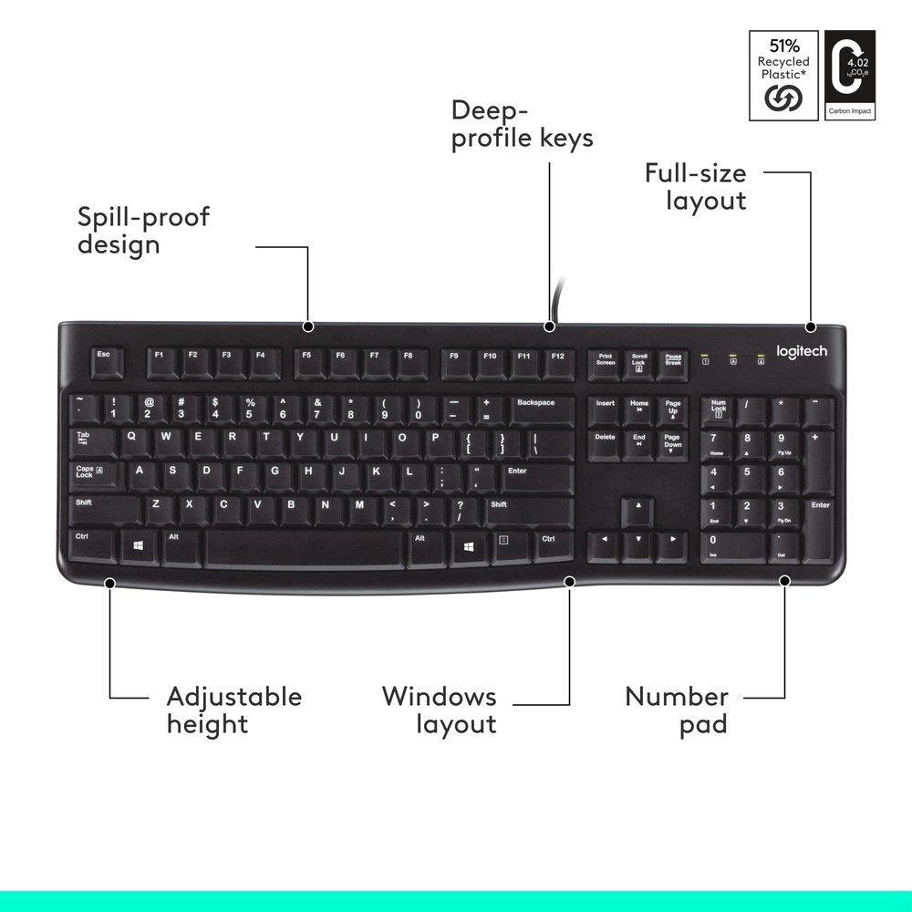 Logitech K120 Wired Keyboard - Reliable, Spill-Resistant, Full-Size