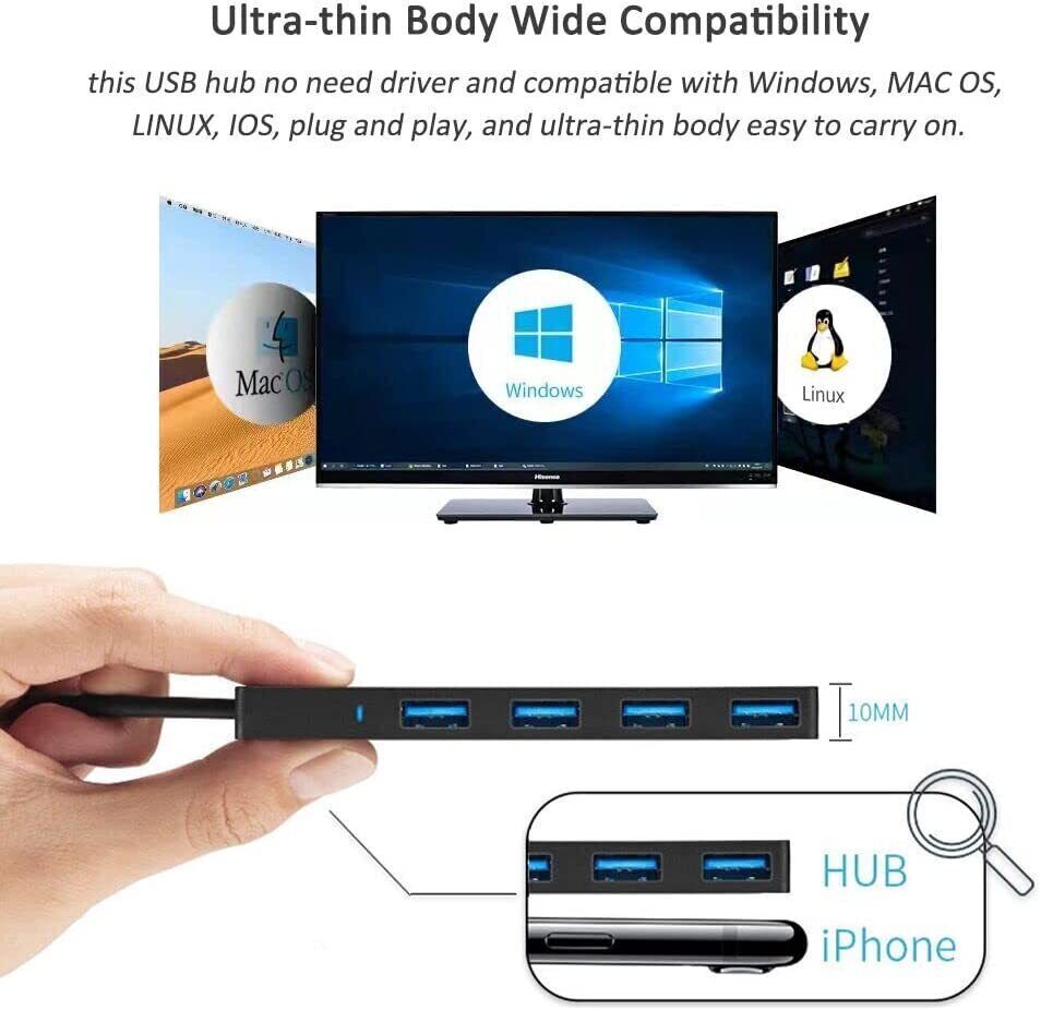 4-Port USB 3.0 Hub with Splitter and Expander for Enhanced Laptop Connectivity