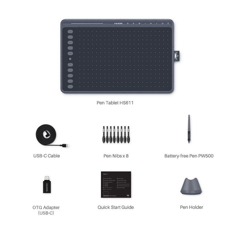 Huion HS611 Graphics Tablet - Enhanced Art Experience with Tilt and Battery-Free Pen