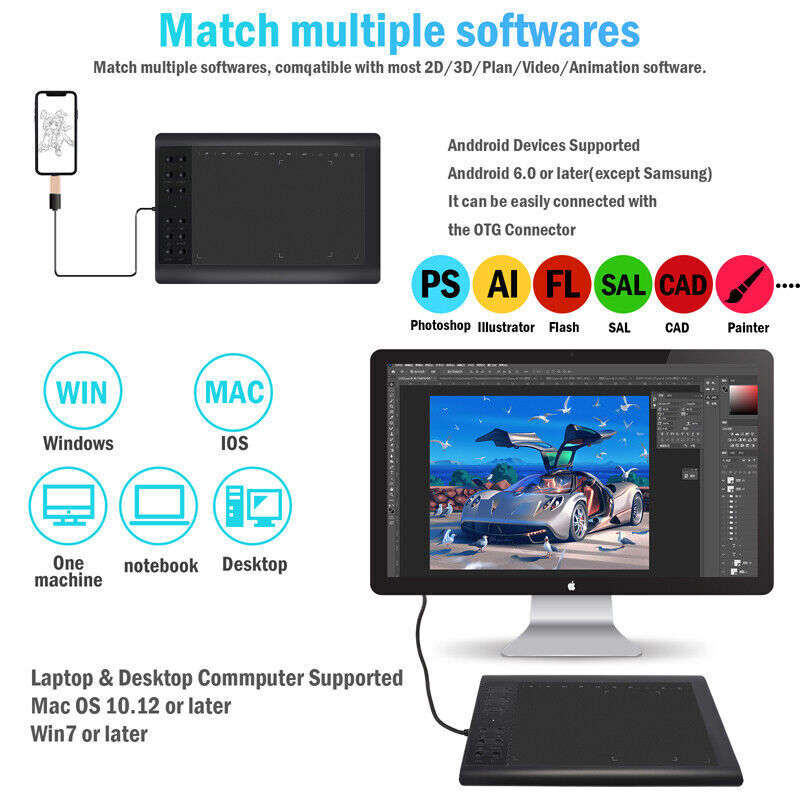 10x6 inch Professional Digital Drawing Tablet with Battery-free Pen