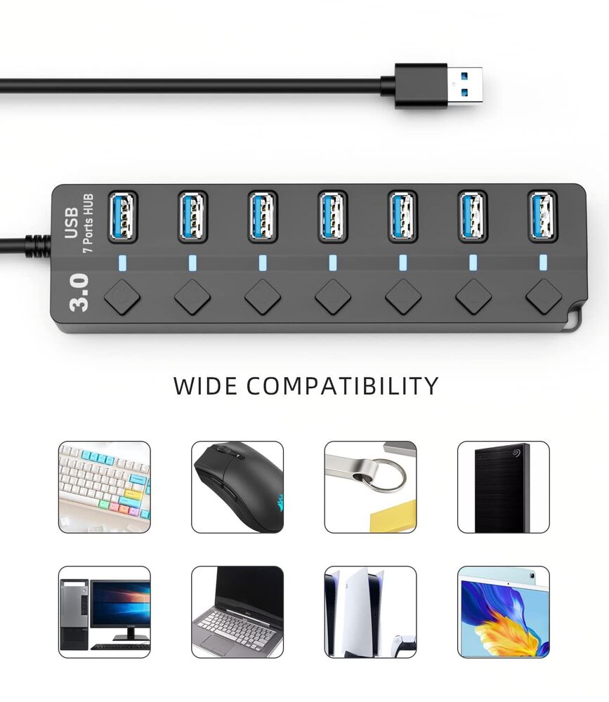 PANPEO 7-Port USB 3.0 Data Hub Splitter with 3ft Cable
