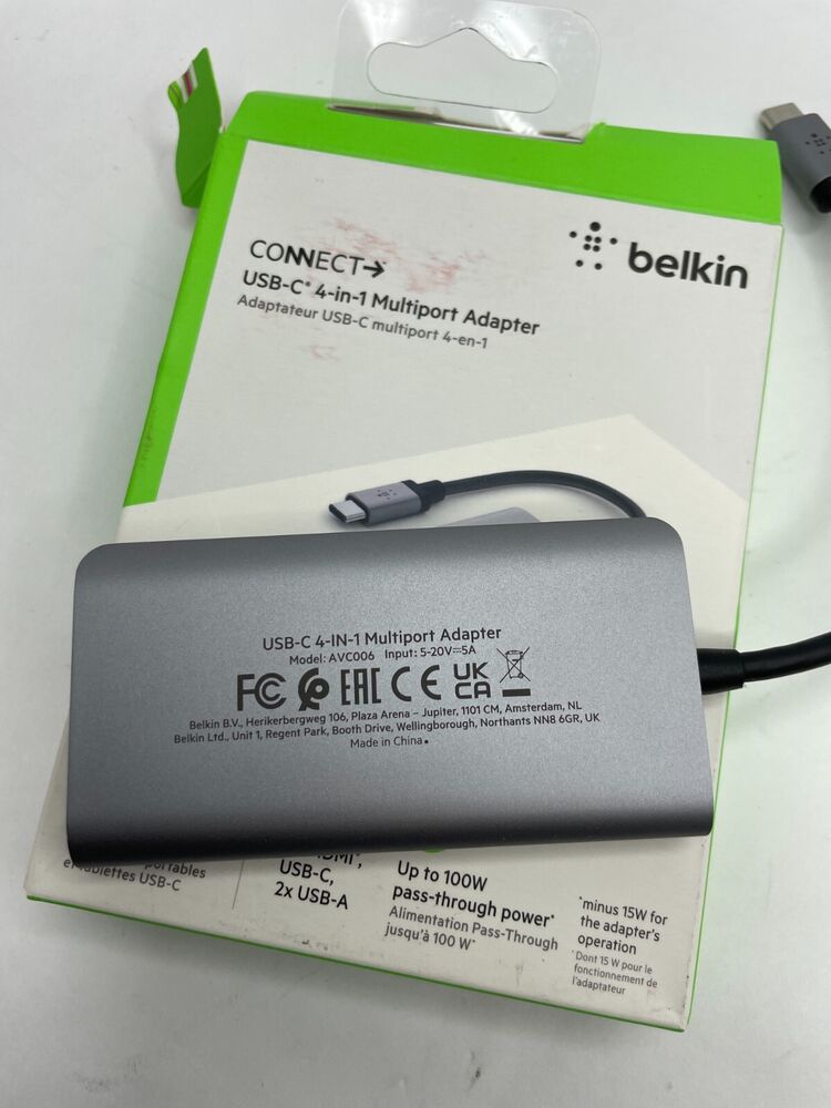 Belkin USB-C Hub 4-in-1 Multi-Port Adapter with 4K HDMI and 100W Charging for MacBook Pro and Air
