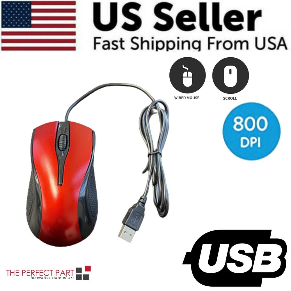 Red USB 2.0 Optical Wired Mouse with Scroll Wheel