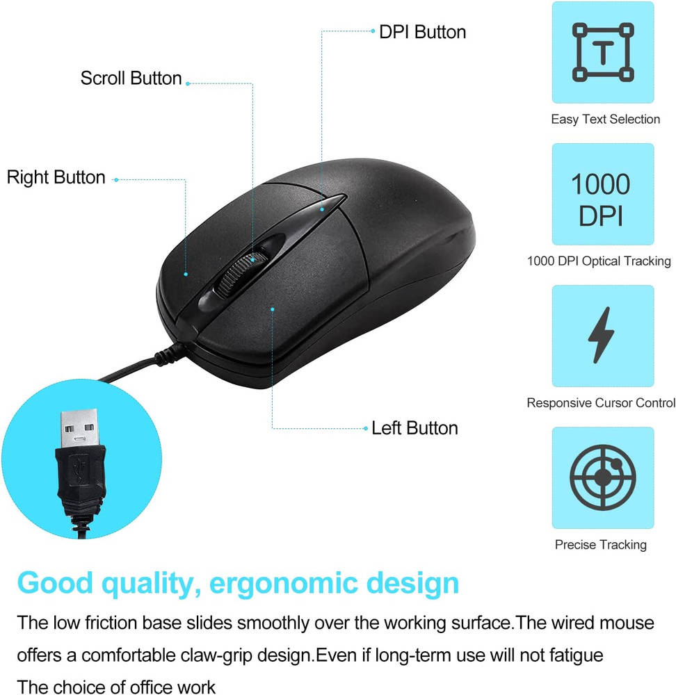 Ergonomic High-Precision USB 2.0 Wired Optical Mouse with Scroll Wheel