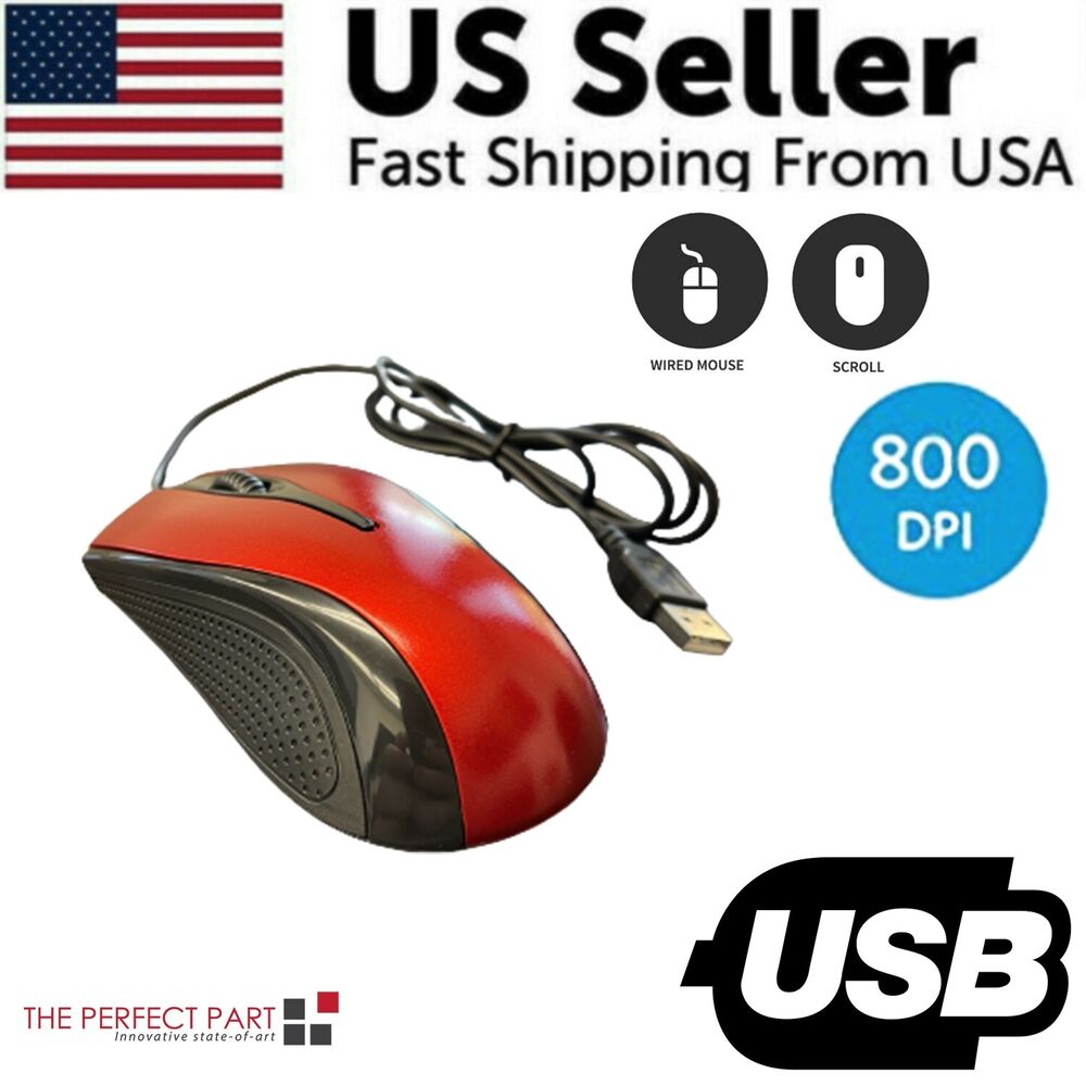 Red USB 2.0 Optical Wired Mouse with Scroll Wheel