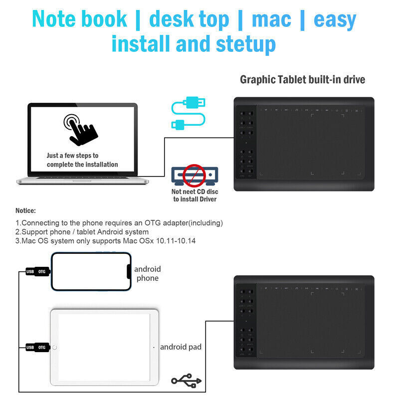 10x6 inch Professional Digital Drawing Tablet with Battery-free Pen