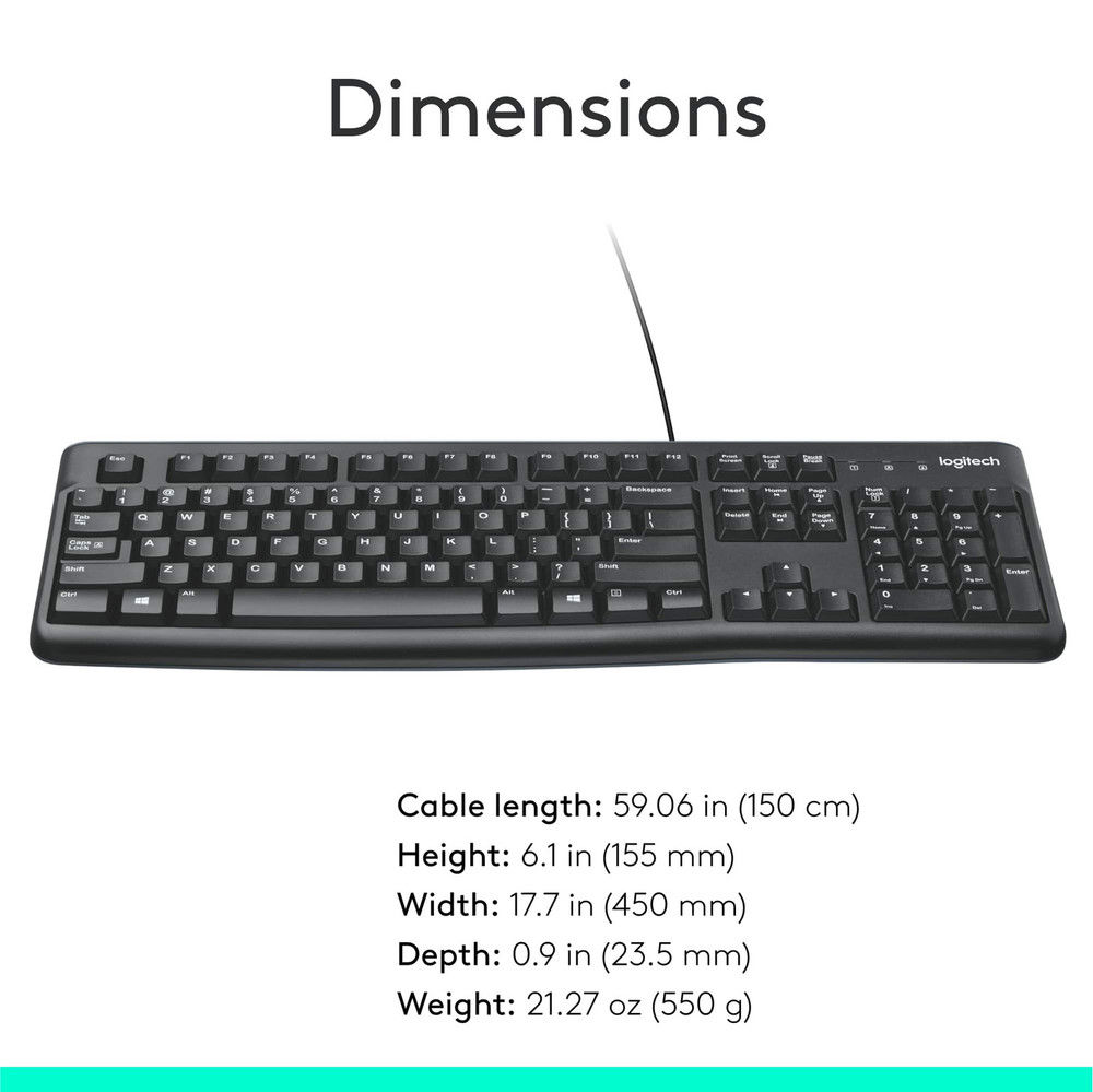Logitech K120 Wired Keyboard - Reliable, Spill-Resistant, Full-Size
