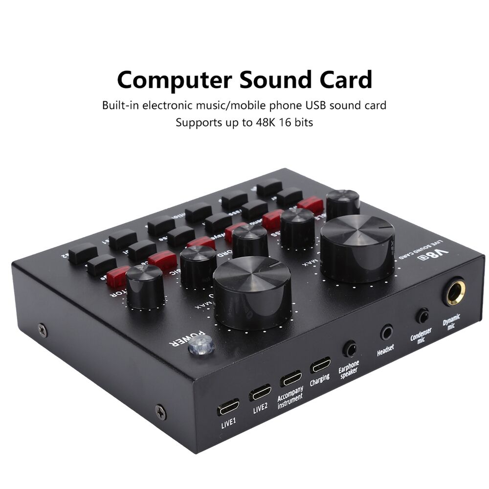 V8S Live Broadcast Sound Card with Stereo Mixer and Headset Microphone