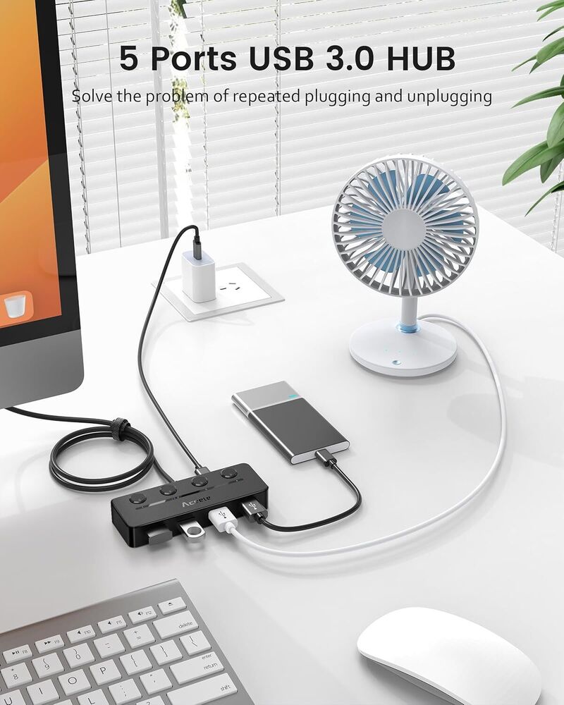 4-Port USB C Hub with Power Port and Individual Switches