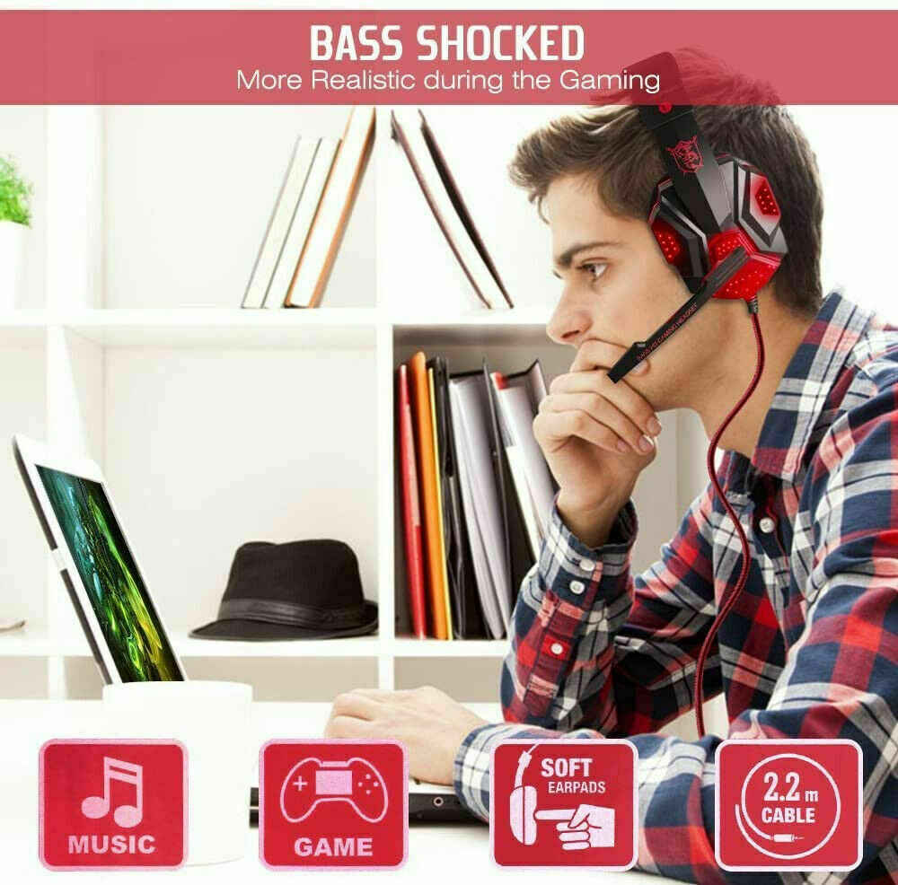3.5mm Gaming Headset with Mic, LED Light, Stereo Bass Surround for PC, PS4, Xbox One