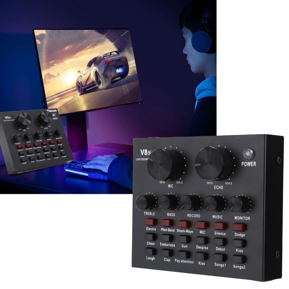 V8S Live Broadcast Sound Card with Stereo Mixer and Headset Microphone