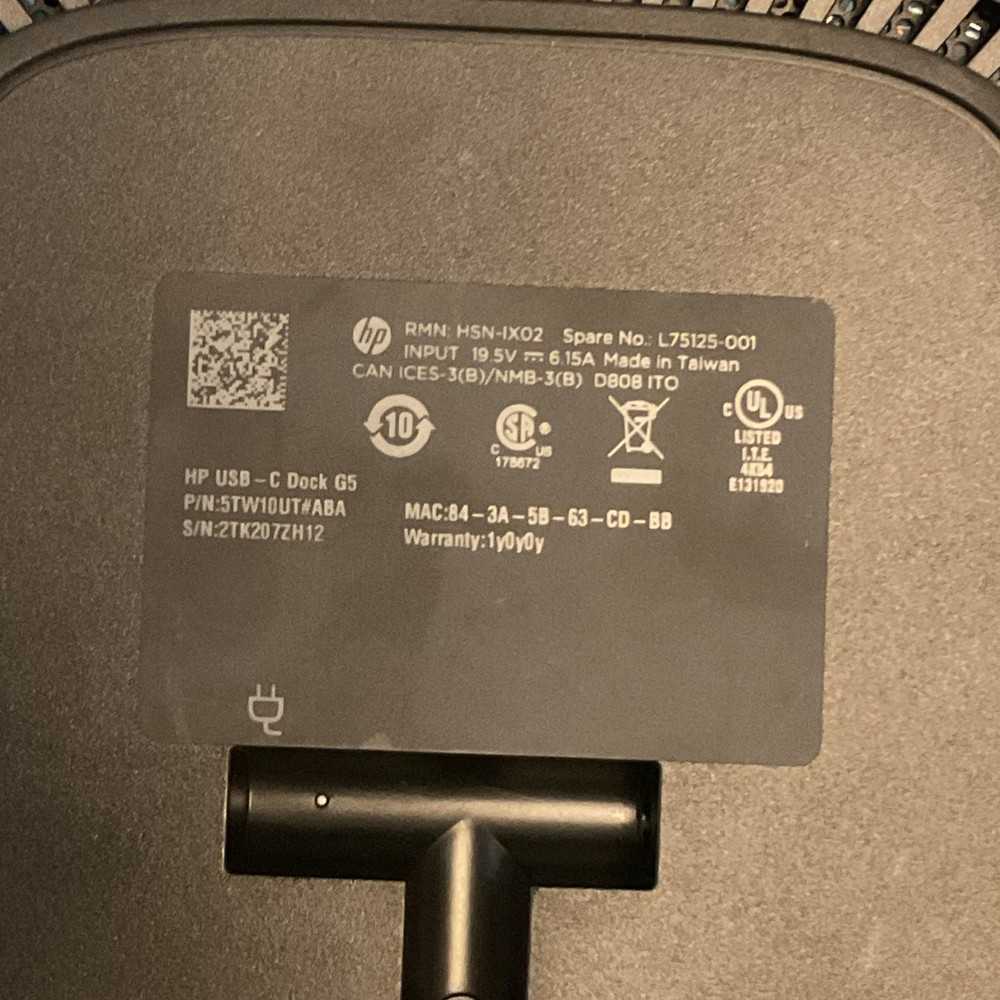 HP HSN-IX02 USB-C Dock G5 Universal Docking Station with 120W AC Adapter