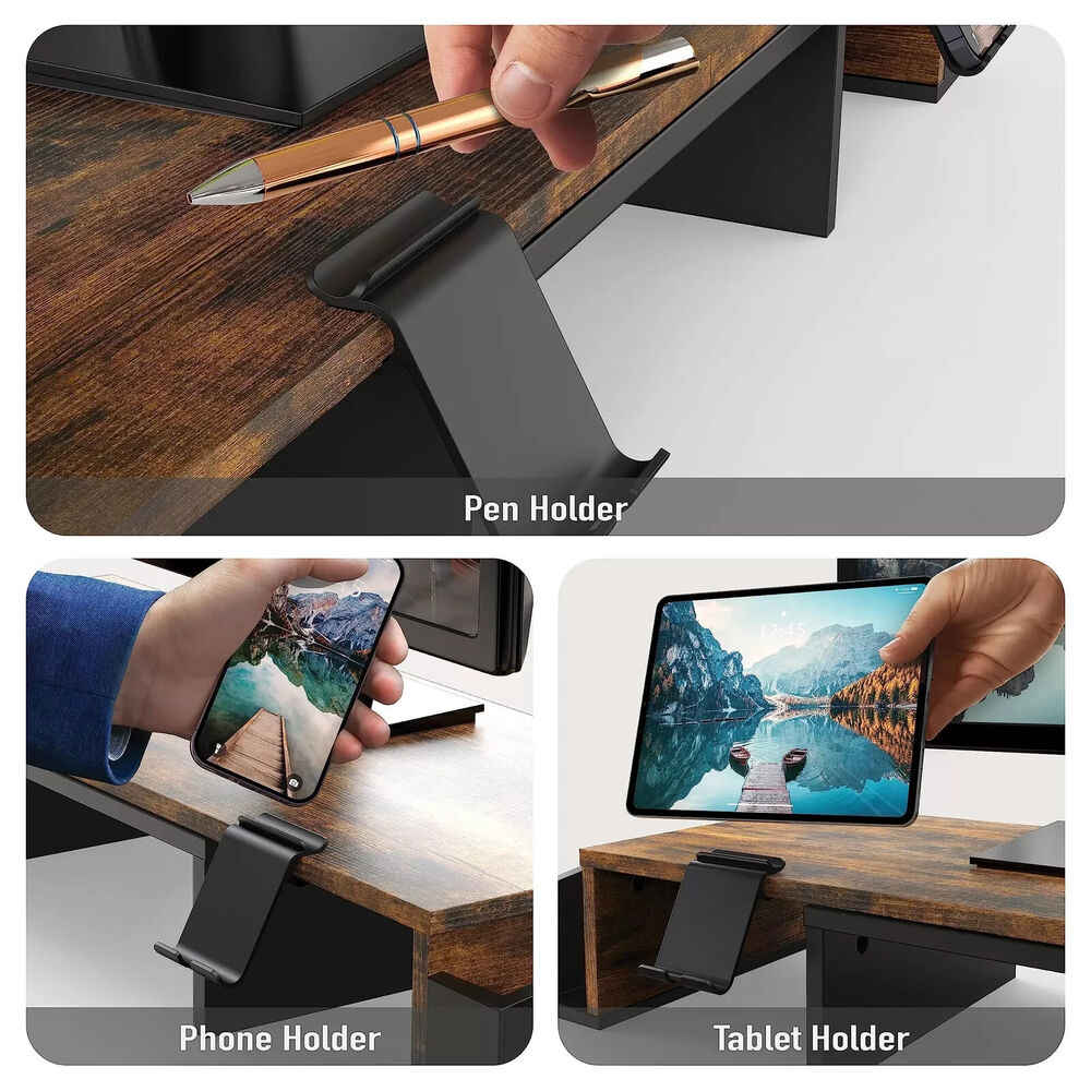 Rustic Brown Desk Dual Monitor Stand Riser with Drawer