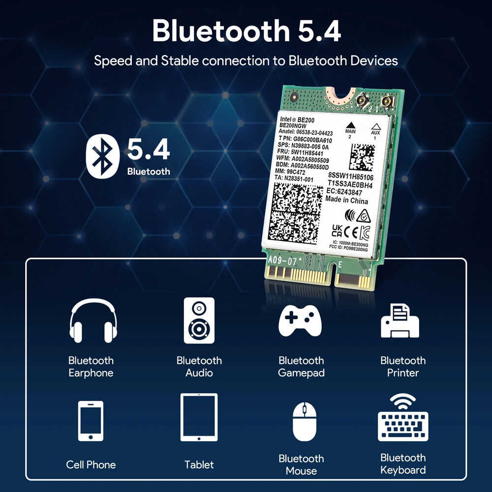 Intel WiFi 7 BE200NGW M.2 NGFF Wireless Card with 802.11be and Bluetooth