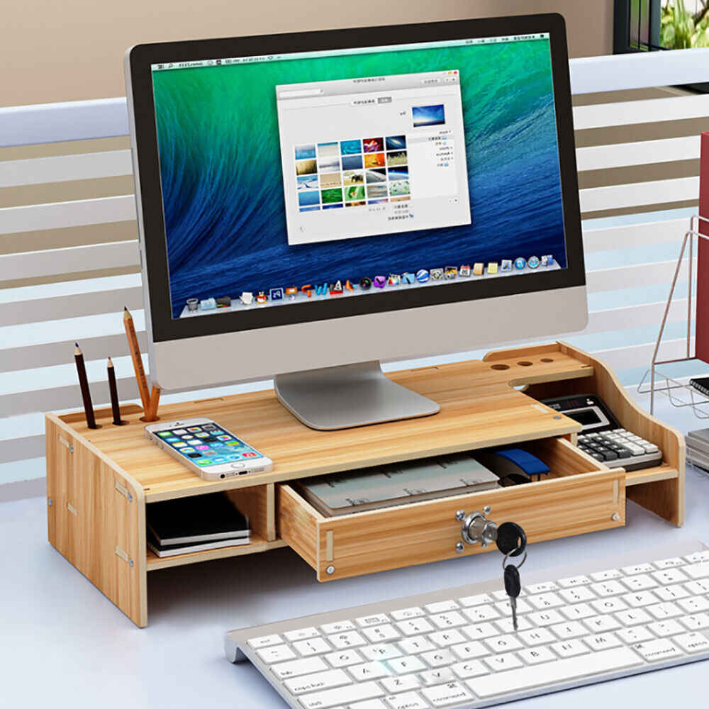 Elevated Wood Monitor Riser with Drawer for Enhanced Desk Organization