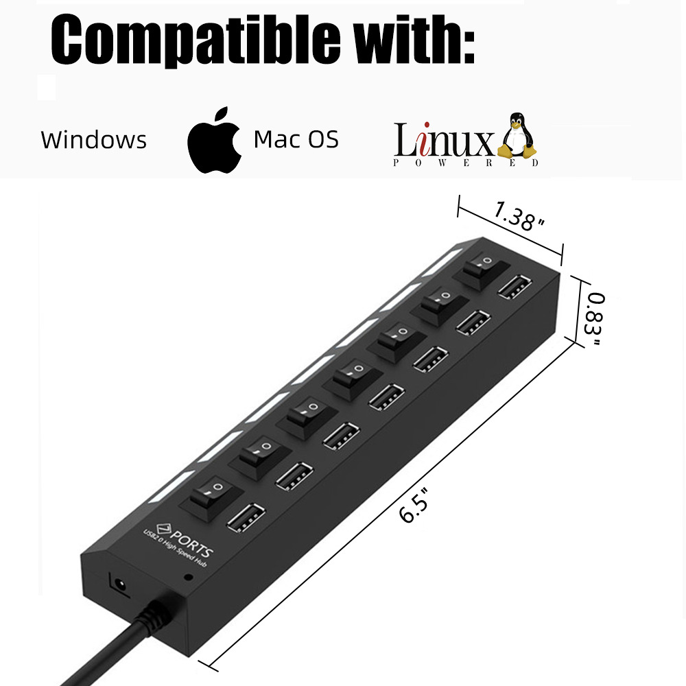 7 Port USB 2.0 Hub Splitter Adapter - High Speed Connectivity