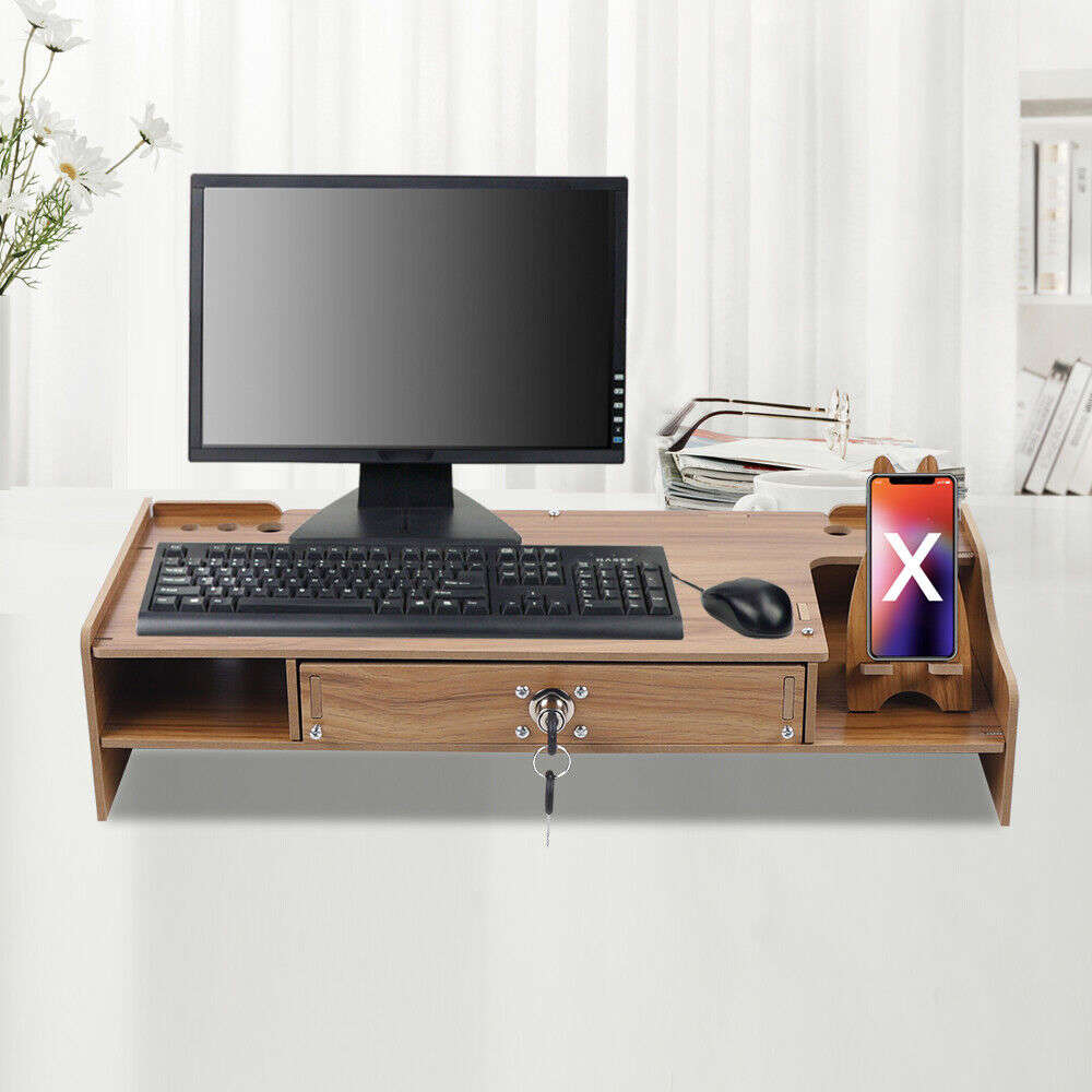 Elevated Wood Monitor Riser with Drawer for Enhanced Desk Organization