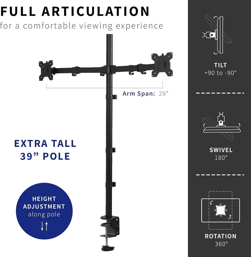 Fully Adjustable Dual Monitor Stand Up Desk Mount - 39 Inch Tall