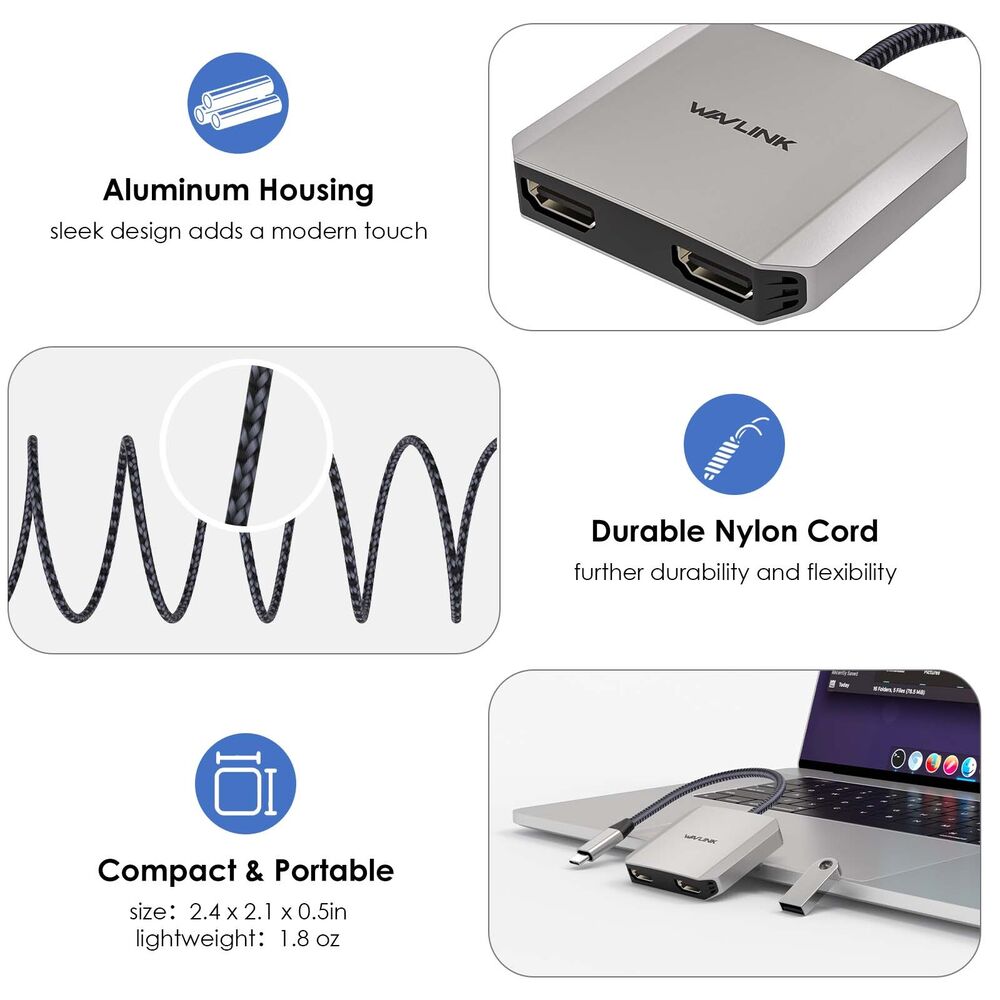 USB C to Dual HDMI Adapter 4K 60Hz with 87W Power Delivery