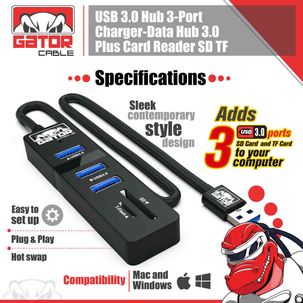 3-Port USB 3.0 Hub with Charger, Data Sync, and SD/TF Card Reader