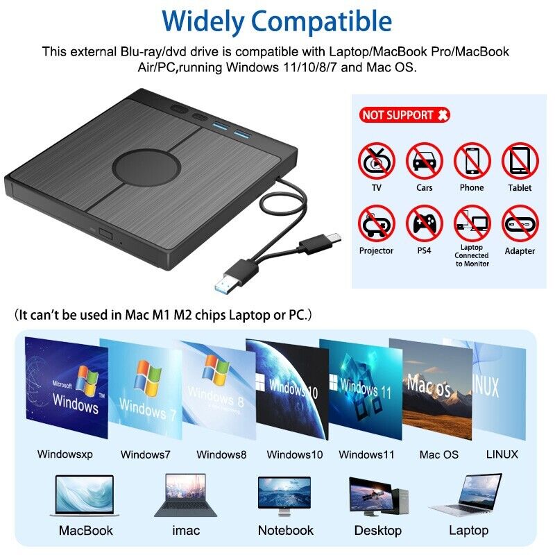 7-in-1 External Blu-ray Drive USB 3.0 BD/CD/DVD-RW Player Burner