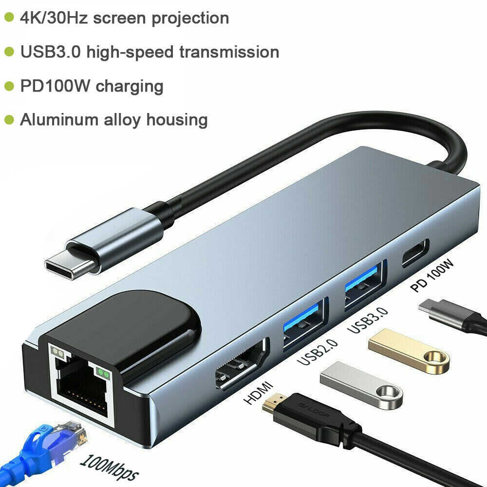 5 in 1 USB C Hub Adapter with RJ45 Ethernet for Macbook