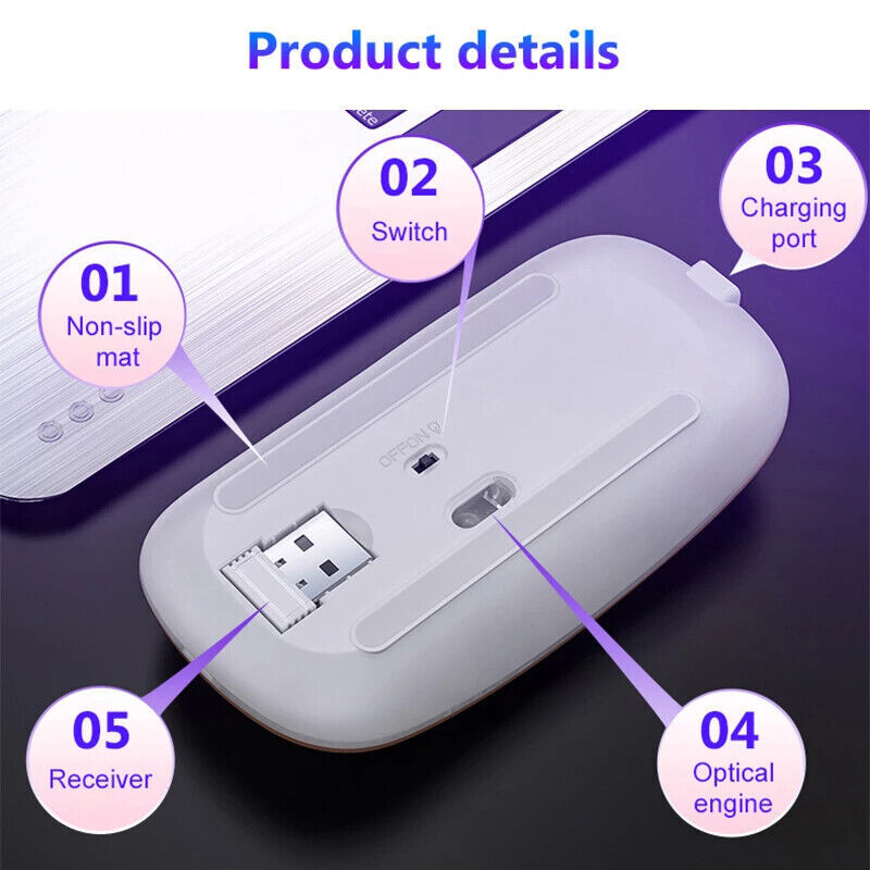 2.4GHz Wireless Optical Mouse with USB Rechargeable and RGB for PC and Laptop