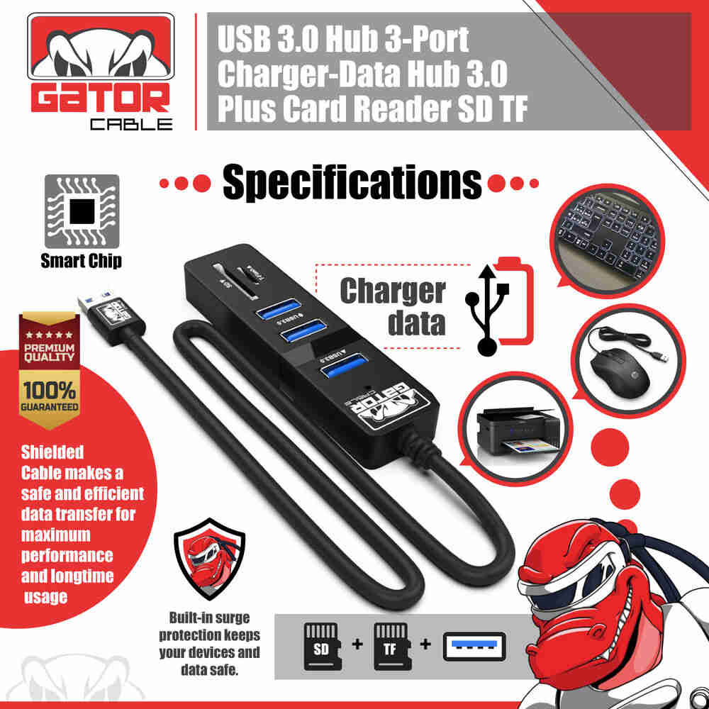 3-Port USB 3.0 Hub with Charger, Data Sync, and SD/TF Card Reader