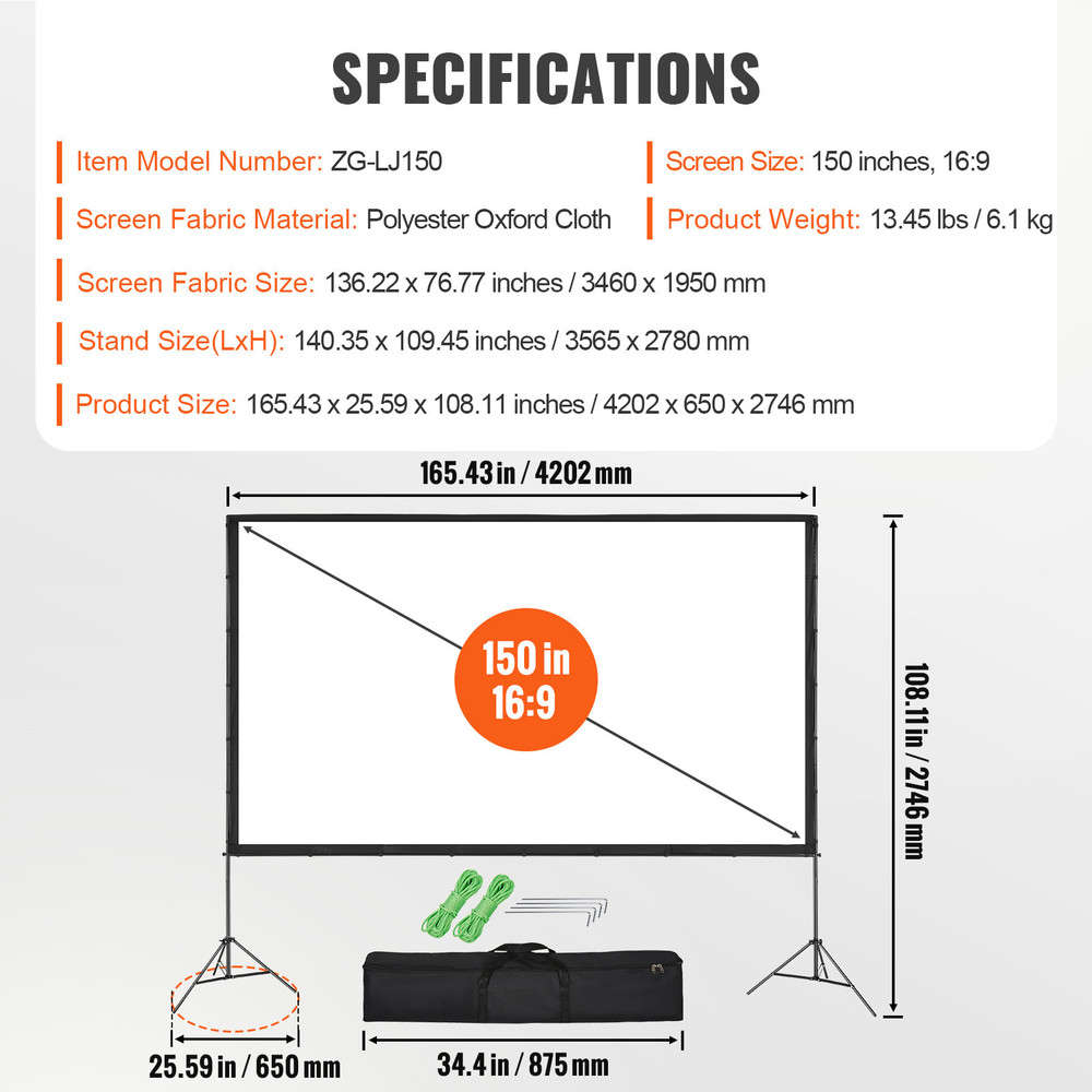 150 Inch 16:9 4K HD Projector Screen with Stand