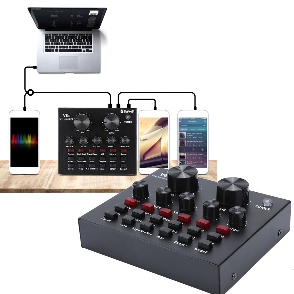 V8S Live Broadcast Sound Card with Stereo Mixer and Headset Microphone