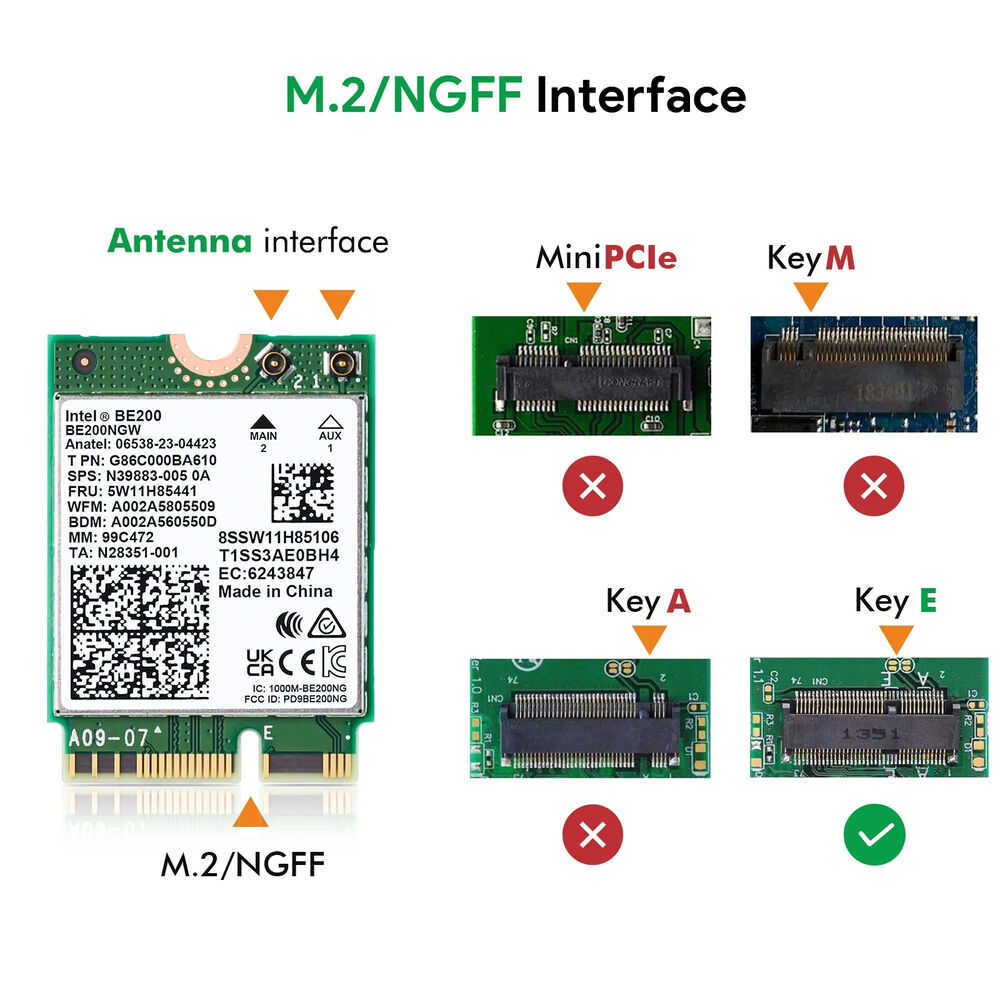Intel WiFi 7 BE200NGW M.2 NGFF Wireless Card with 802.11be and Bluetooth