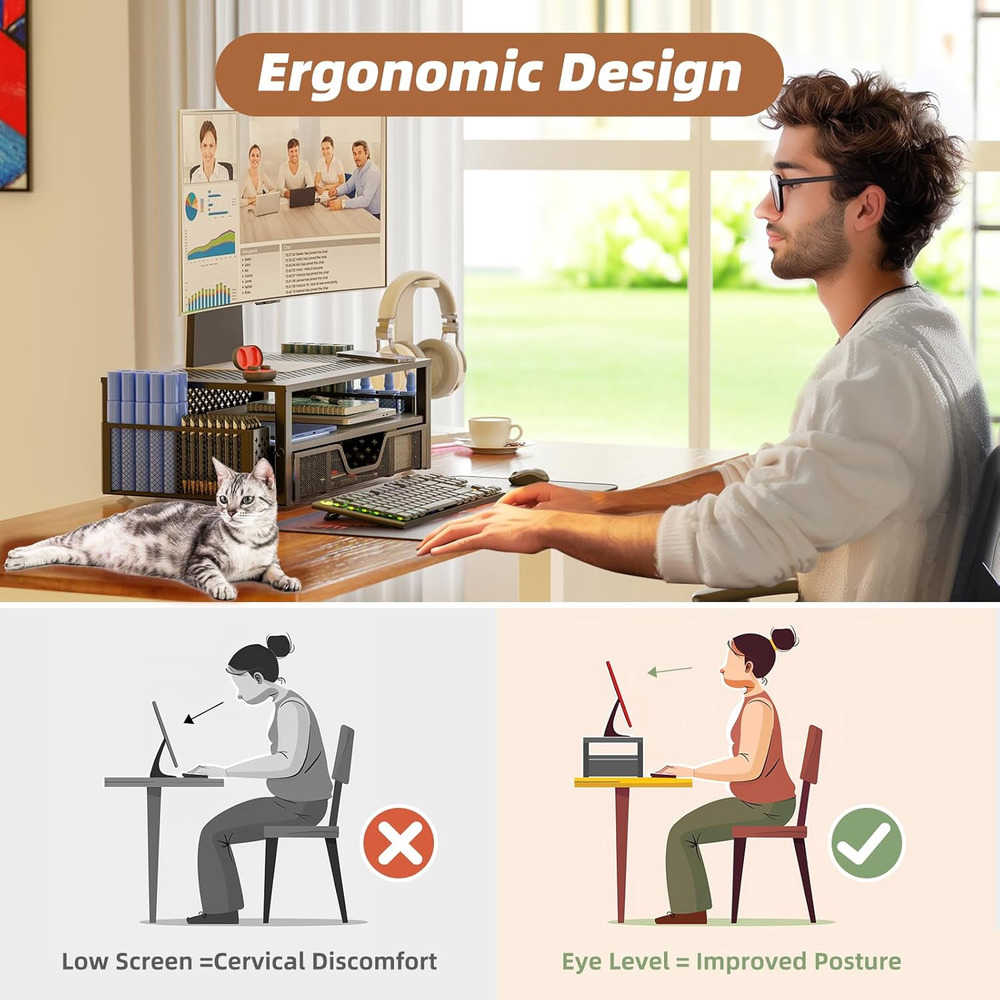 2 Tier Metal Monitor Stand with Drawer - Desk Organizer