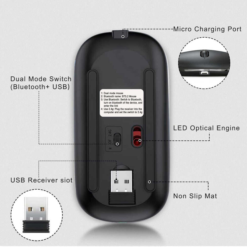 Bluetooth 5.1 Dual Mode LED Rechargeable Wireless Mouse