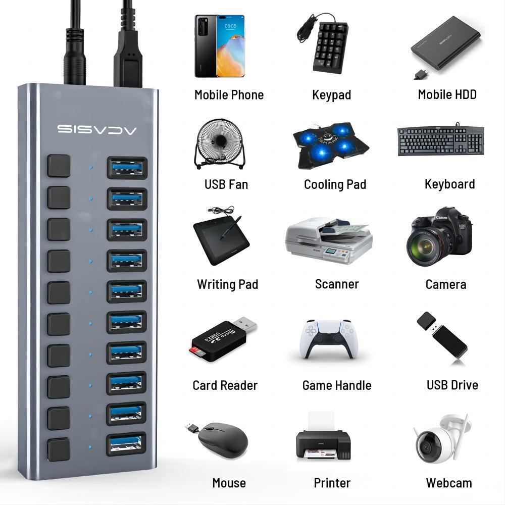 ACASIS Powered USB Hub - Multi-port USB 3.0 Data/Charge Hub with Individual Switch