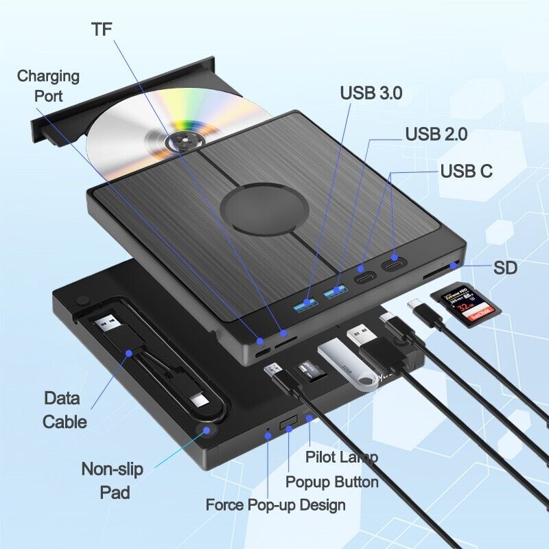 7-in-1 External Blu-ray Drive USB 3.0 BD/CD/DVD-RW Player Burner