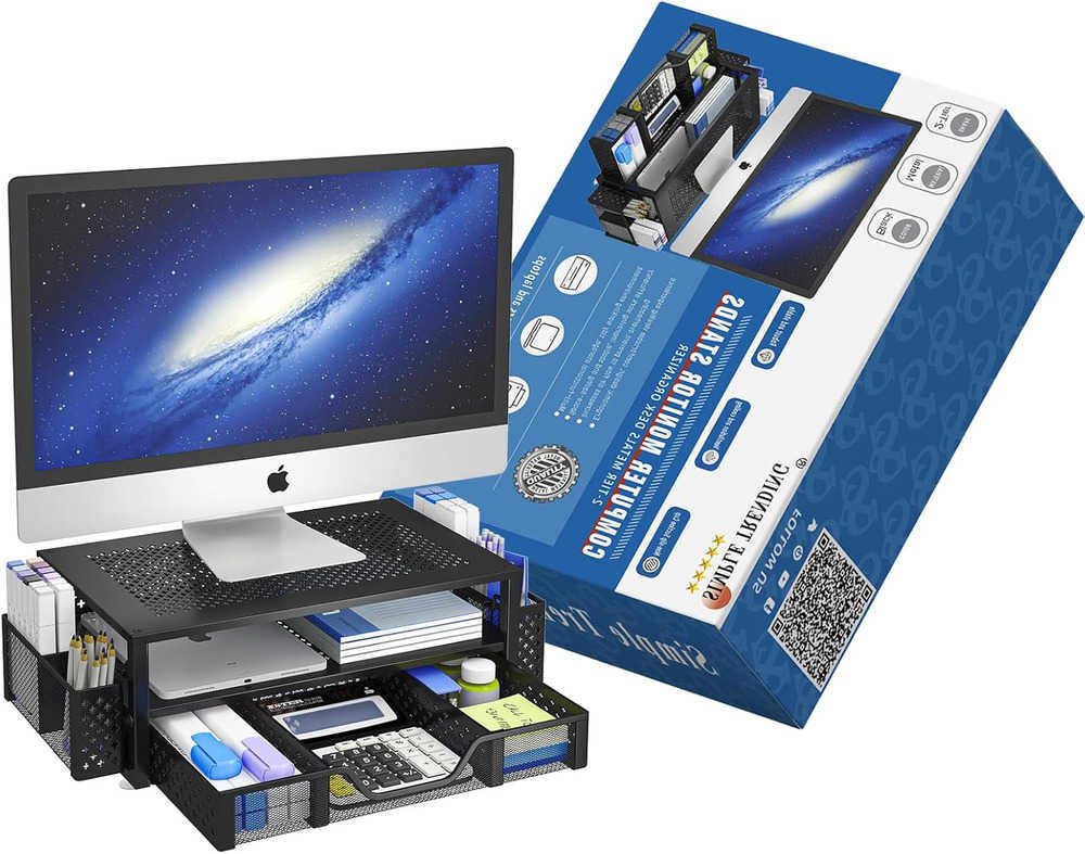 2 Tier Metal Monitor Stand with Drawer - Desk Organizer
