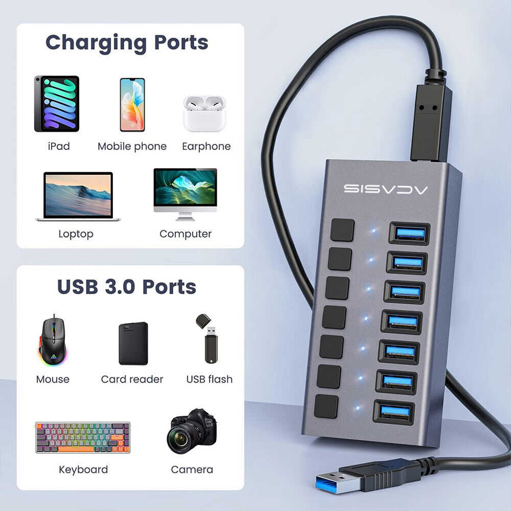 ACASIS Powered USB Hub - Multi-port USB 3.0 Data/Charge Hub with Individual Switch