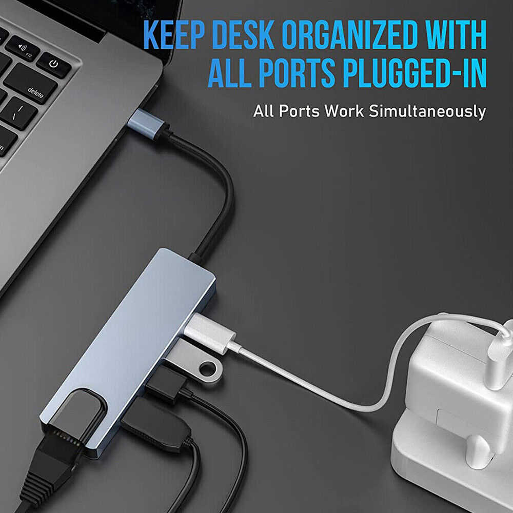 5 in 1 USB C Hub Adapter with RJ45 Ethernet for Macbook