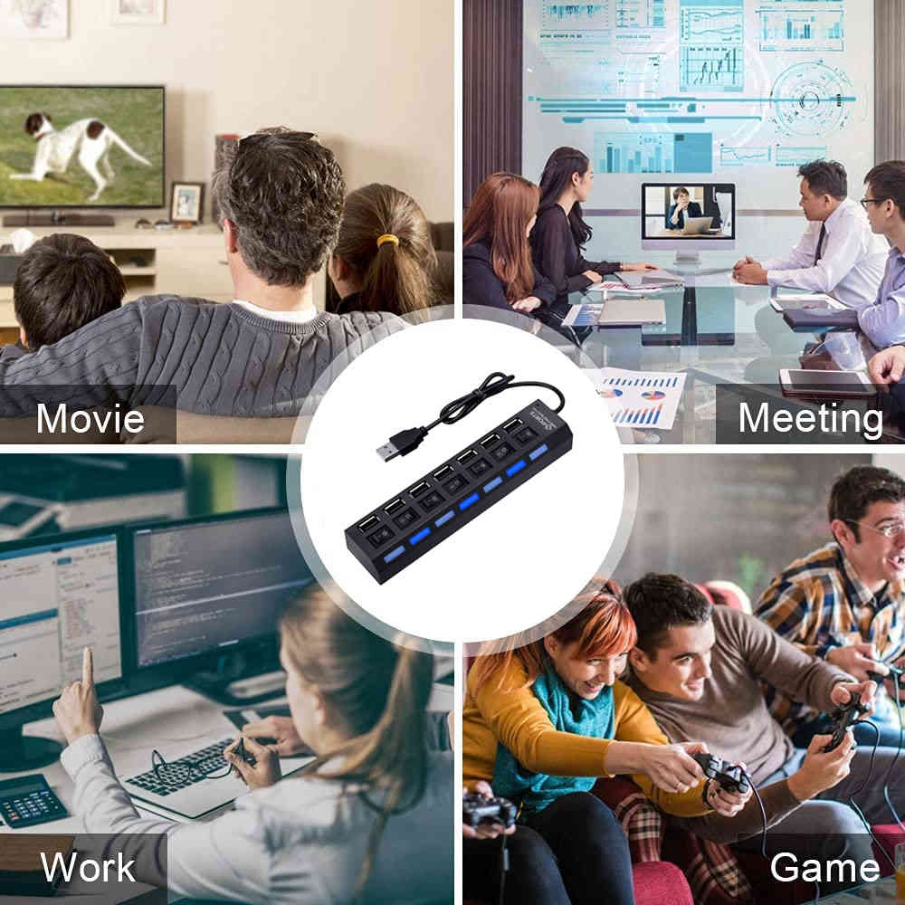 7 Port USB 2.0 Hub Splitter Adapter - High Speed Connectivity