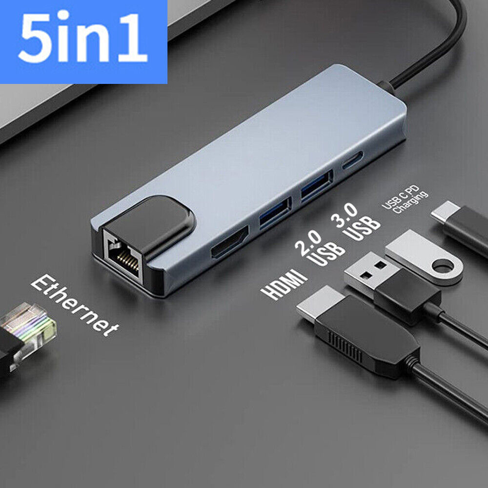 5 in 1 USB C Hub Adapter with RJ45 Ethernet for Macbook