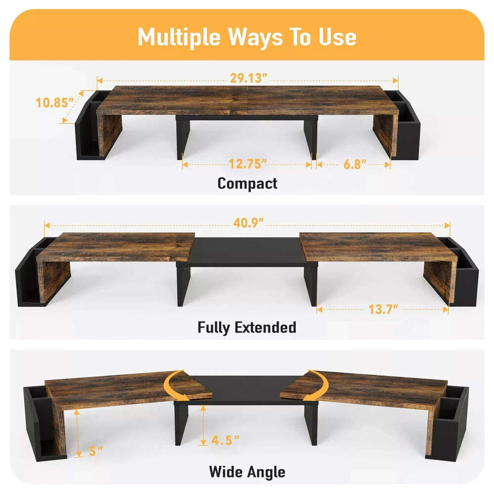 Rustic Brown Desk Dual Monitor Stand Riser with Drawer
