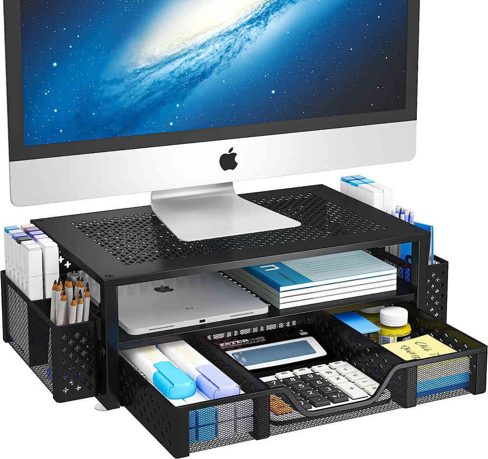 2 Tier Metal Monitor Stand with Drawer - Desk Organizer