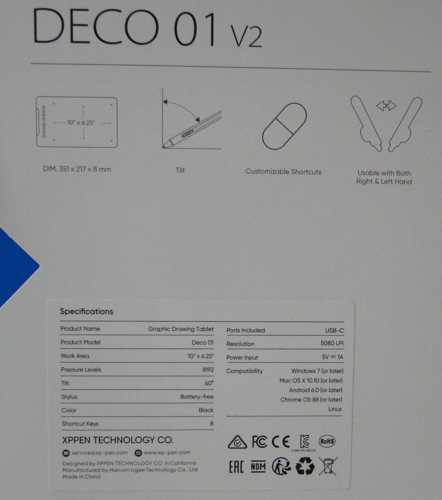 XP-Pen Deco 01 V2 10x6.25 Inch Passive Pen Graphics Tablet