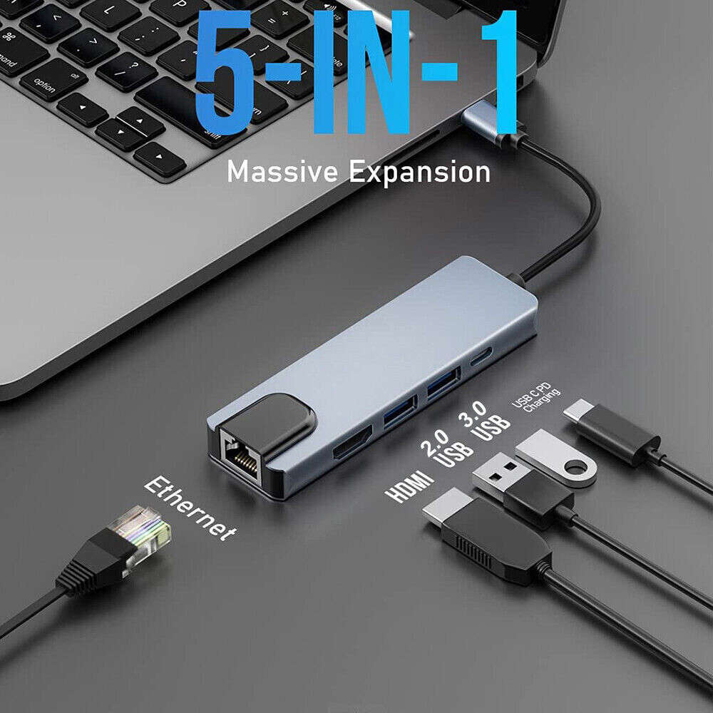 5 in 1 USB C Hub Adapter with RJ45 Ethernet for Macbook