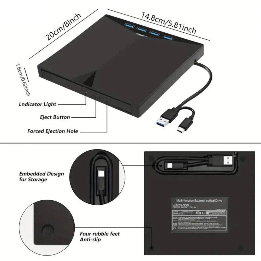 7-in-1 Slim External CD DVD Drive USB 3.0 Reader Writer Burner Player for Laptop