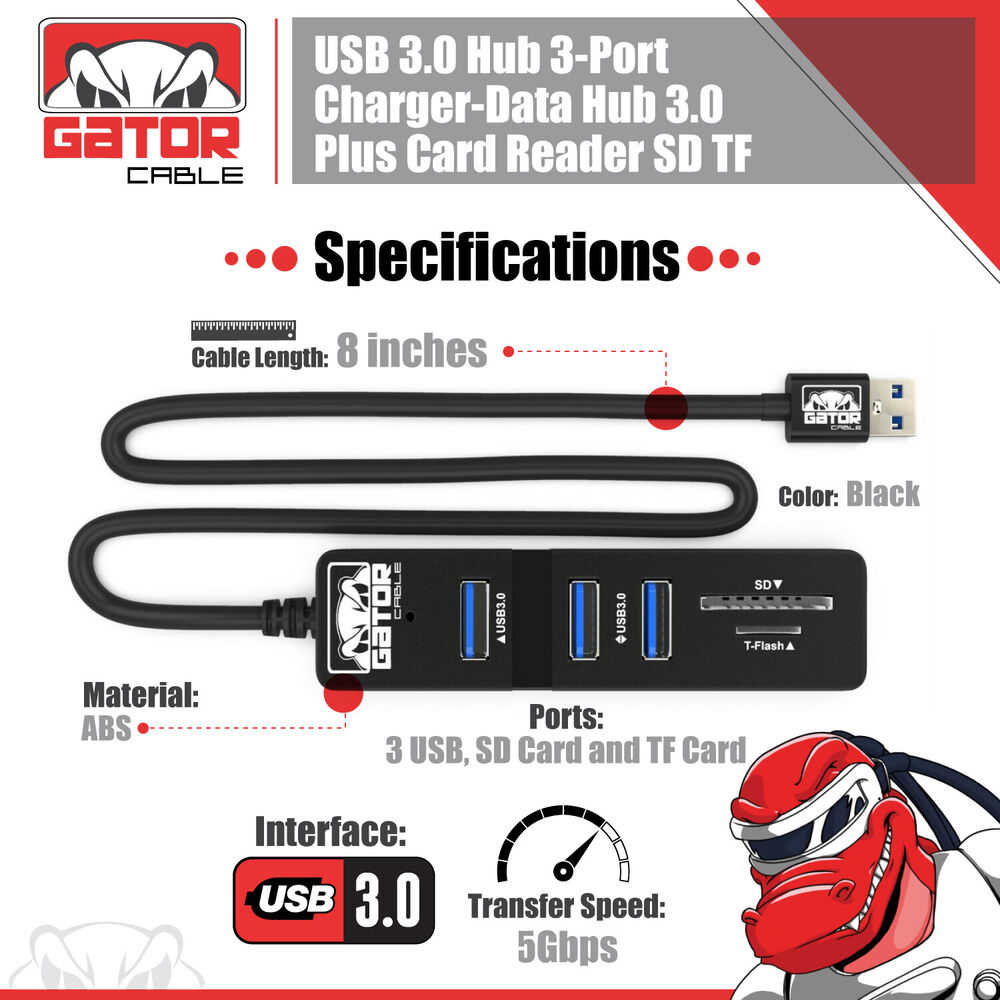 3-Port USB 3.0 Hub with Charger, Data Sync, and SD/TF Card Reader