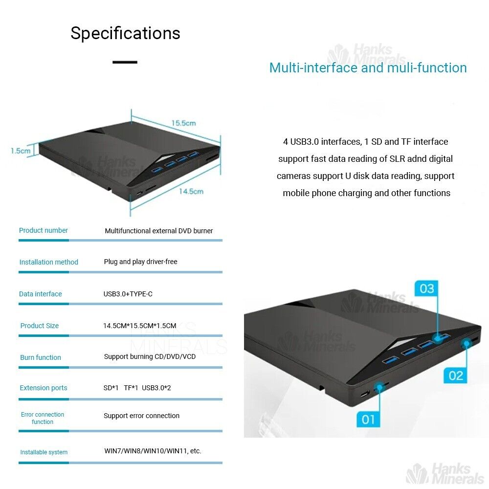 7-in-1 Slim External CD DVD Drive USB 3.0 Reader Writer Burner Player for Laptop