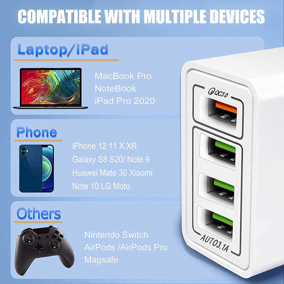 4 Port Fast Quick Charge QC 3.0 USB Hub Wall Charger